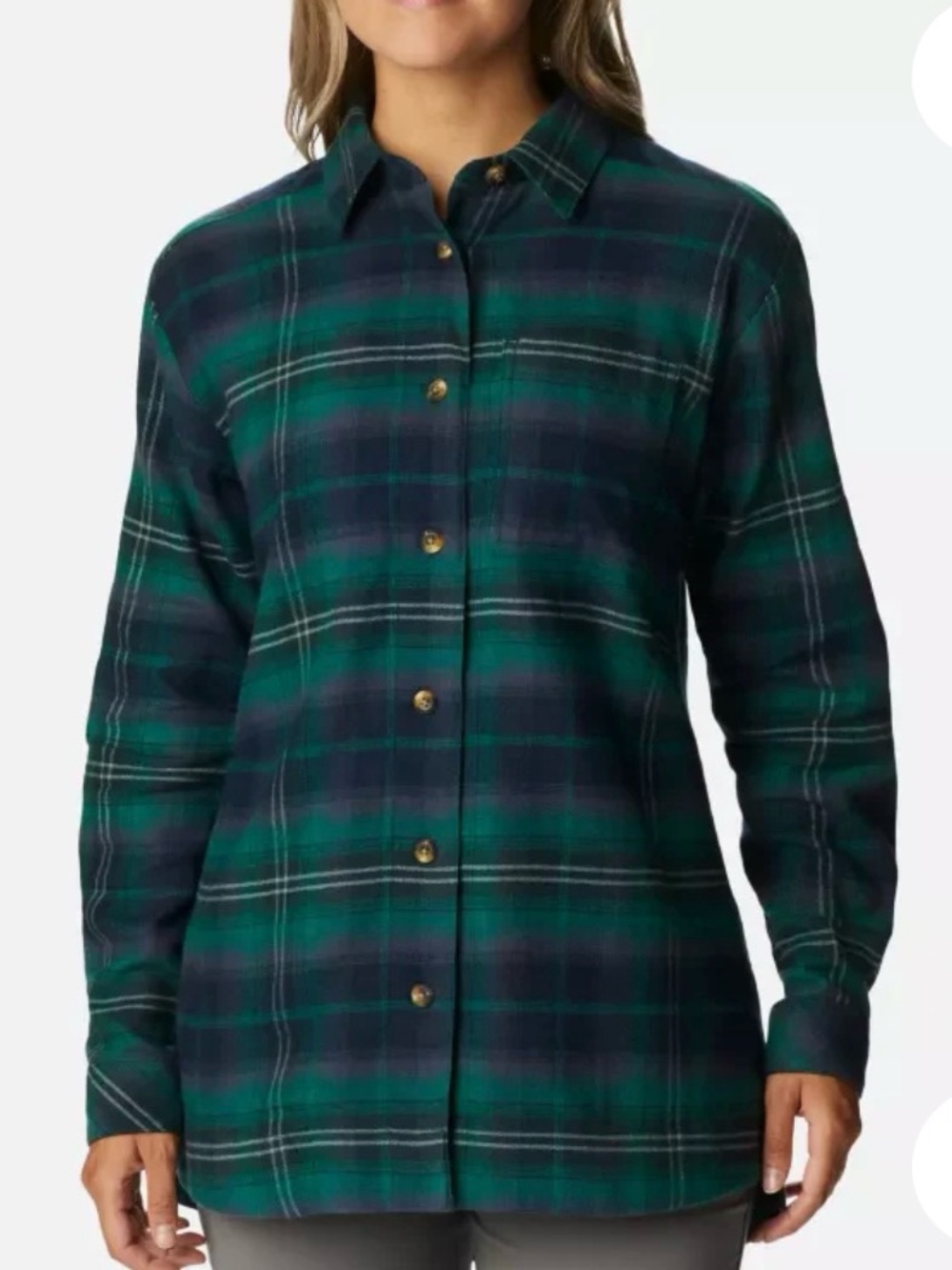 Columbia Women's Green and Navy Plaid Button-Down Shirt